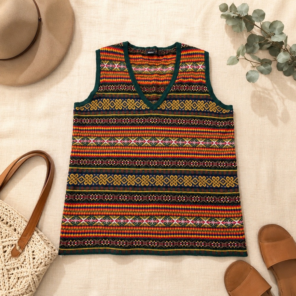 Gap Sweater Vest Womens Medium Green Multi Fair Isle Knit Cotton Vintage Style